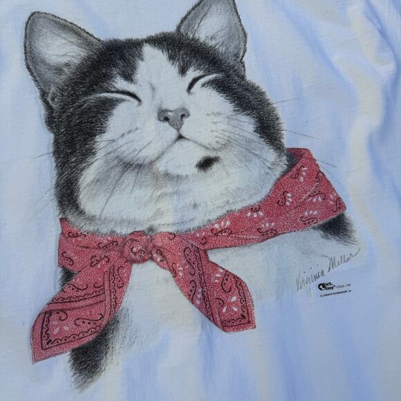 Vintage 90's Virginia Miller Cat Kitten Art White Pocket Long Sleep Shirt Sz OS - Picture 4 of 8